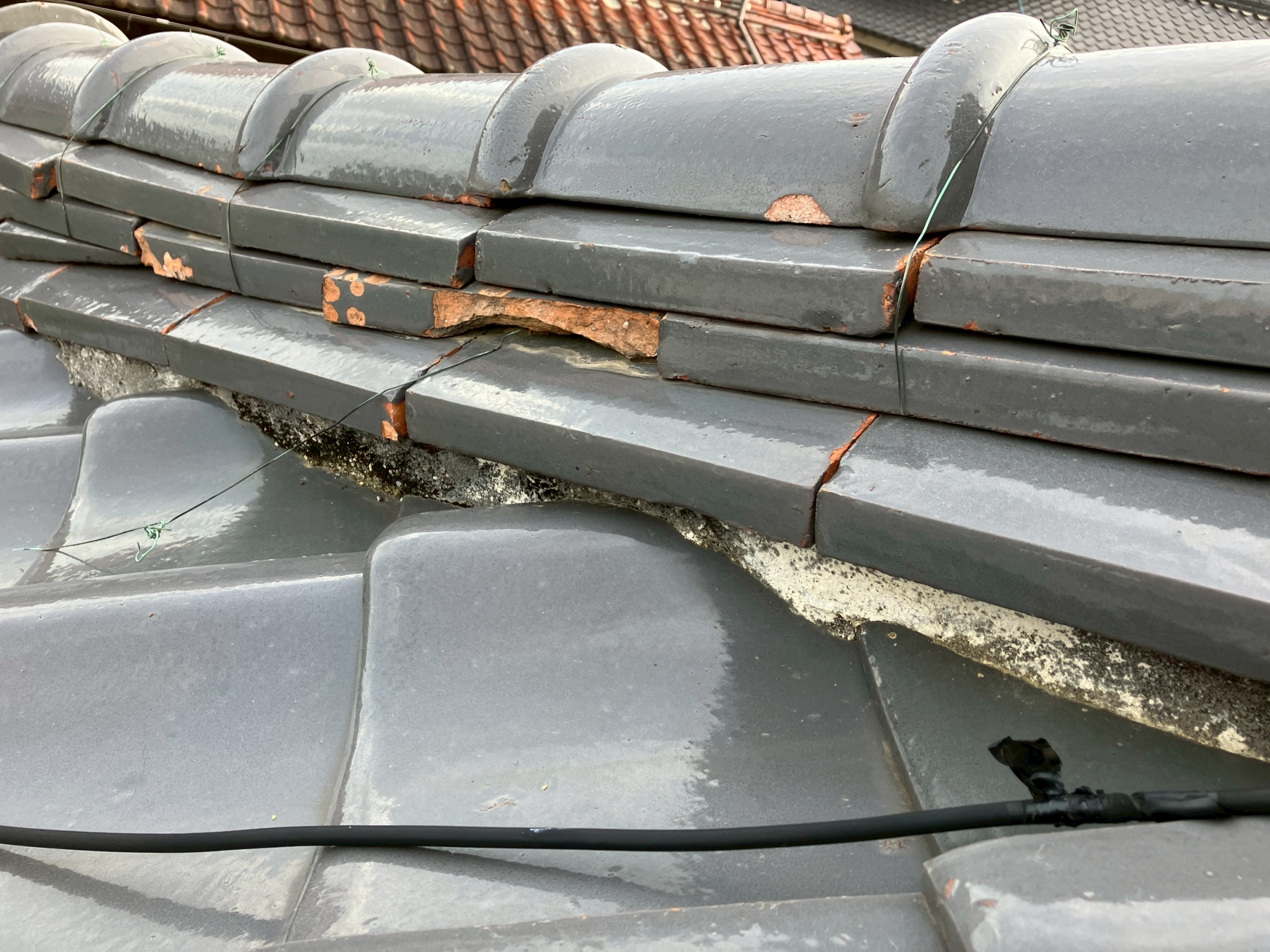 棟のゆがみと棟瓦の破損